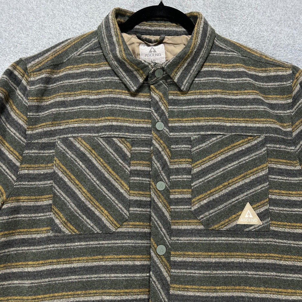 Ascend Flannel Shirt Jacket Mens L Green Striped Quilted Outdoor Cabin Core